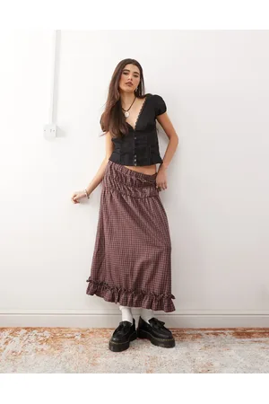 Reclaimed Prairie midi skirt with frill hem and shirring in burgundy check
