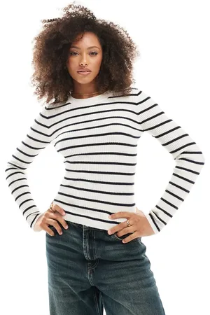 ONLY Long sleeve crew neck knitted top in beige with navy stripes