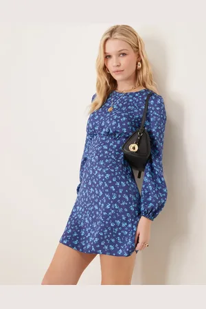 New Look Satin floral long sleeve mini dress in