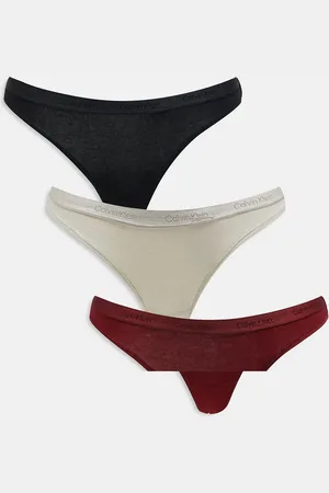 Calvin Klein Modern Logo 3 pack thongs with metallic logo waistband in black/cream/burgundy