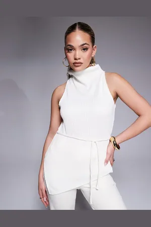 ASOS Crinkle textured high neck sleeveless top with tie waist detail in