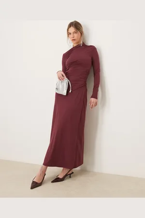 Abercrombie & Fitch High neck ruched wrap detail maxi dress in burgundy