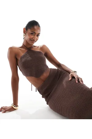 4th & Reckless Knitted halterneck cropped beach scarf top co-ord in chocolate
