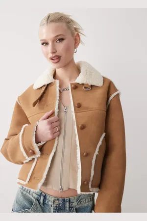 Monki Moni suede aviator jacket with shearling trim and collar in