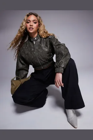 River Island Faux leather crop bomber in dark