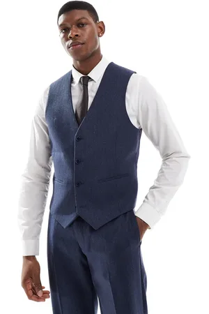 ASOS Slim suit waistcoat with wool in blue herringbone