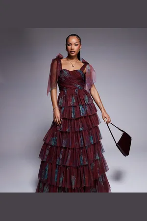 Lace & Beads Tiered ruffle maxi dress in burgundy floral