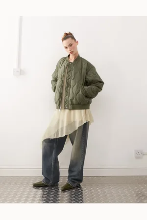 Monki Quilted reversible bomber in khaki with floral print lining