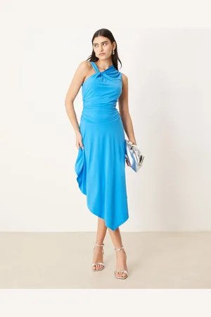 Abercrombie & Fitch Long sleeve slash neck asymmetric hem maxi dress in turquoise