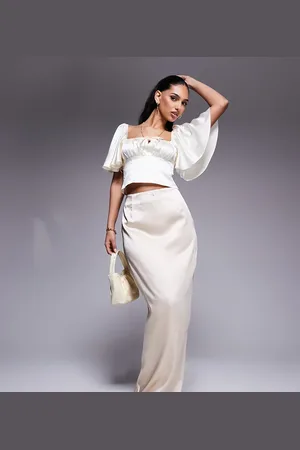 Kaiia Exclusive satin bodycon bow trim detail maxi skirt in cream