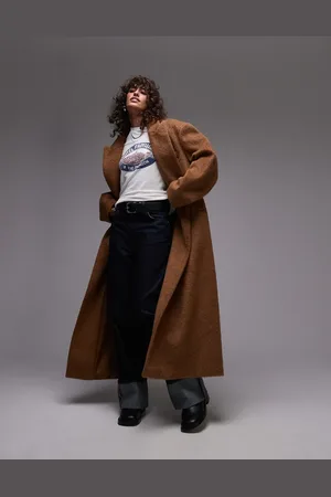 Topshop Longline brushed popper coat in camel