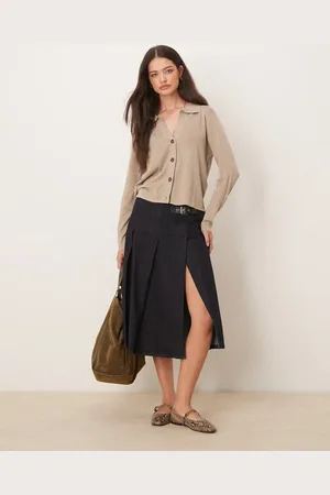 MANGO Denim pleated midi skirt in dark