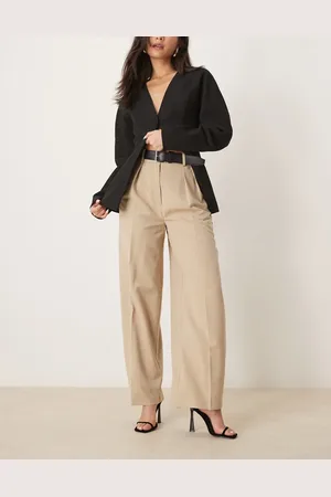ASOS Tailored relaxed trousers with faux leather belt in stone