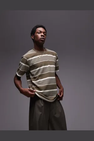 Topman Premium oversized fit stripe t-shirt in khaki