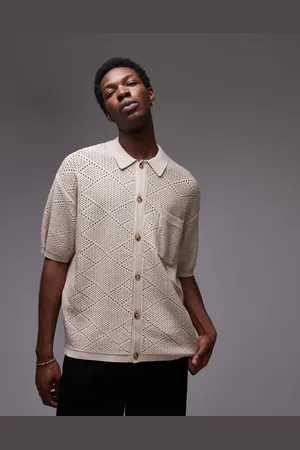 Topman Knitted pattern crochet shirt with pocket detail in stone