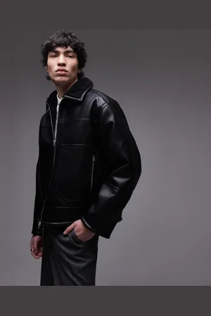 Topman Faux leather shearling jacket with pocket detail in