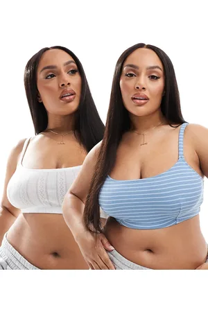 ASOS ASOS DESIGN Curve Tori 2 pack crop bralette in blue stripe and white pointelle