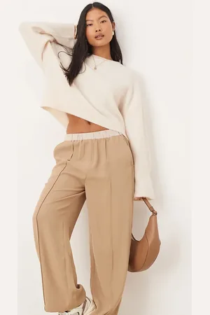 ASOS Petite ankle grazer pull on trousers with contrast waist in camel