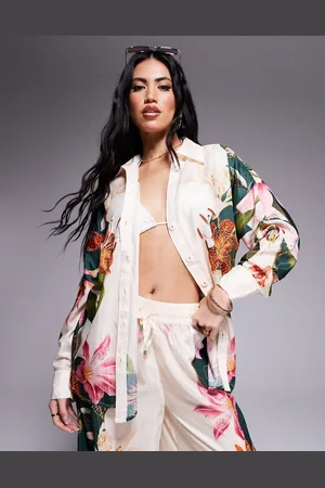 River Island Botanical print beach shirt co-ord in cream