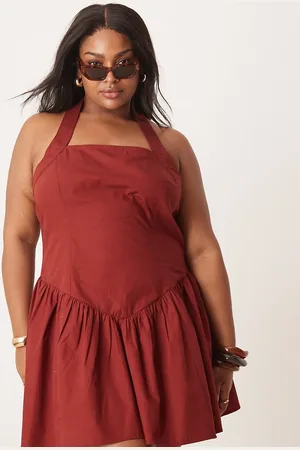 ASOS ASOS DESIGN Curve halter mini dress with ruffle hem in burgundy