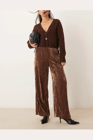 ASOS Crinkle velvet pull on trousers in chocolate