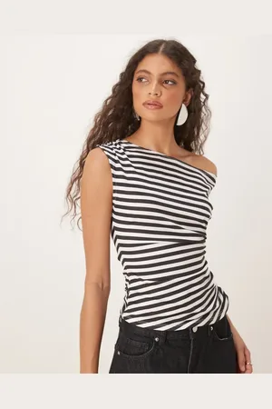 ASOS Corset ruched waist off shoulder top in mono stripe
