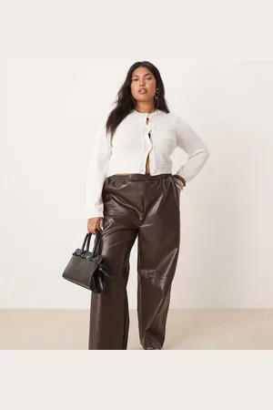 ASOS Curve faux leather pull on barrel trousers in chocolate
