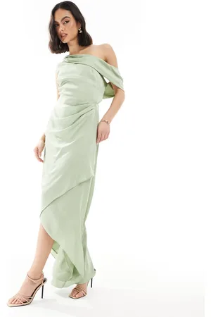 TFNC Bridesmaid satin fallen shoulder maxi dress with wrap skirt in sage