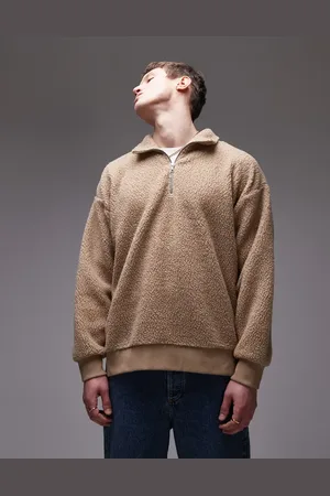 Topman 1/4 zip borg sweatshirt in stone