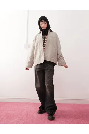 Monki Short canvas jacket with cord collar in beige