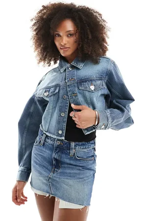 Monki Cropped raw hem denim jacket in mid wash