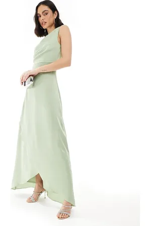 TFNC Bridesmaid one shoulder satin maxi dress with wrap skirt in sage