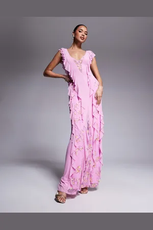 AFRM Trista mesh ruffle maxi dress with lace panels in lilac