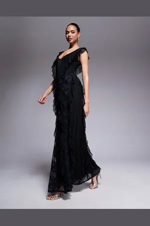 AFRM Trista mesh ruffle maxi dress with lace panels in