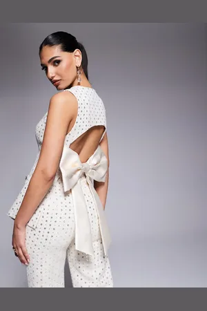 ASOS Co-ord embellished boucle waist coat with bow back in cream