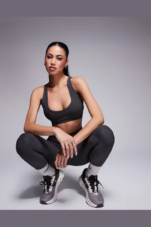 ASOS 4505 active rib V neck light support sports bra in slate