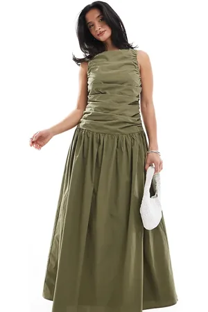 4th & Reckless Ruched poplin sleeveless drop waist maxi dress in khaki