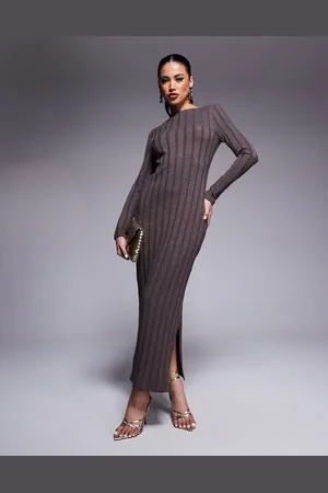 River Island Long sleeve ribbed dress in brown
