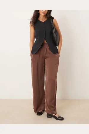 ASOS Shirred waist satin pull on trousers in mocha