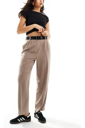 ASOS Tailored wide leg paper bag trousers with belt trim in mocha