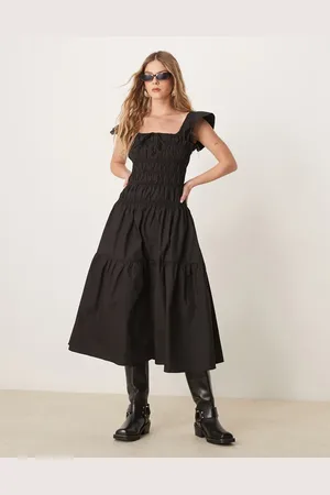 Glamorous Short sleeve shirred poplin midi dress in