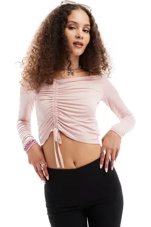 Monki Long sleeve cropped ruched asymmetric top in