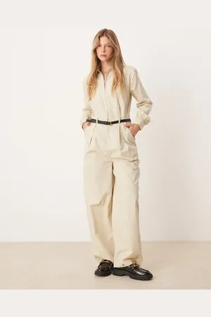 ASOS Belted boilersuit with button pocket detail in stone