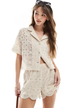 4th & Reckless Floral crochet button up collared beach shirt co-ord in beige