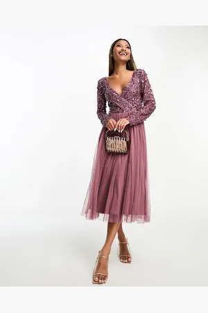 Beauut Bridesmaid long sleeve embellished midi dress in mauve