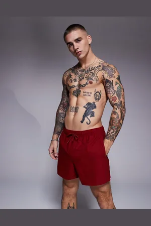 ASOS Seersucker swim shorts in short length in burgundy