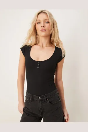 Miss Selfridge Button detail short sleeve rib bodysuit in black