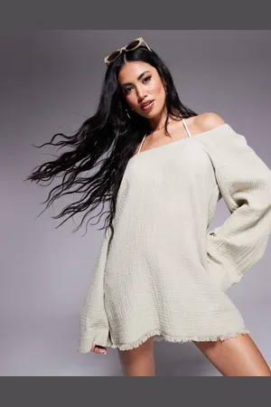 ASOS Callie cheesecloth frayed long sleeve beach dress in washed sage