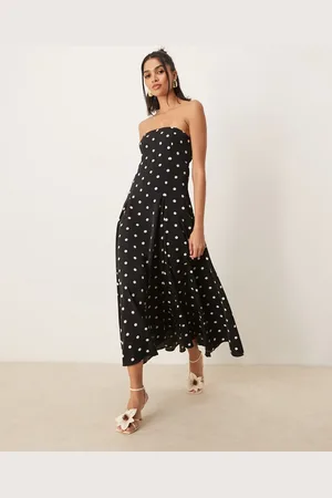 Abercrombie & Fitch Asymmetric strapless clasp back midi dress in polkadot