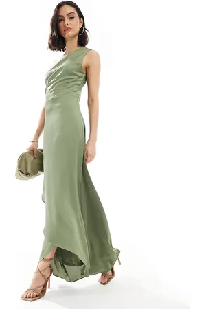 TFNC Bridesmaid one shoulder satin maxi dress with wrap skirt in dark